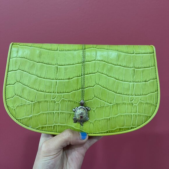 Karen Callan Green Alligator Crocodile Skin Turtle Clutch - Picture 1 of 8